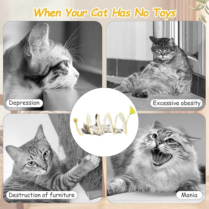 Cat Tunnel, 1PCS Folded Cat Tunnel Toy, Yellow Sisal Hemp Ball Tube Cat Springs for Indoor with Feather, Mouse Toys Interactive Cat Toy Tunnel Self-Happy Cat Toys, S-Type Collapsible Tent