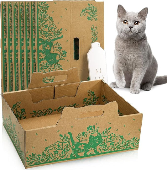 WUWEOT 8 Pack Disposable Cat Litter Boxes, Leakproof Double Layer Cardboard Cat Litter Pan, Foldable Portable Small Pet Liner Tray with Scoop for Travel, 15.8 x 11.7 x 5.8 Inch