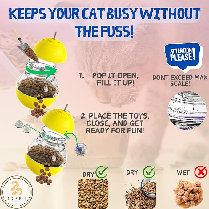 Cat Treat Toy for Indoor Cats - 16.3 '' Cat Interactive & Wand Toy for Bored Adult & Kitten Puzzle Slow Feeder Training Bowl Food Dispenser Track Balls - Christmas & Birthday Gifts (Yellow)