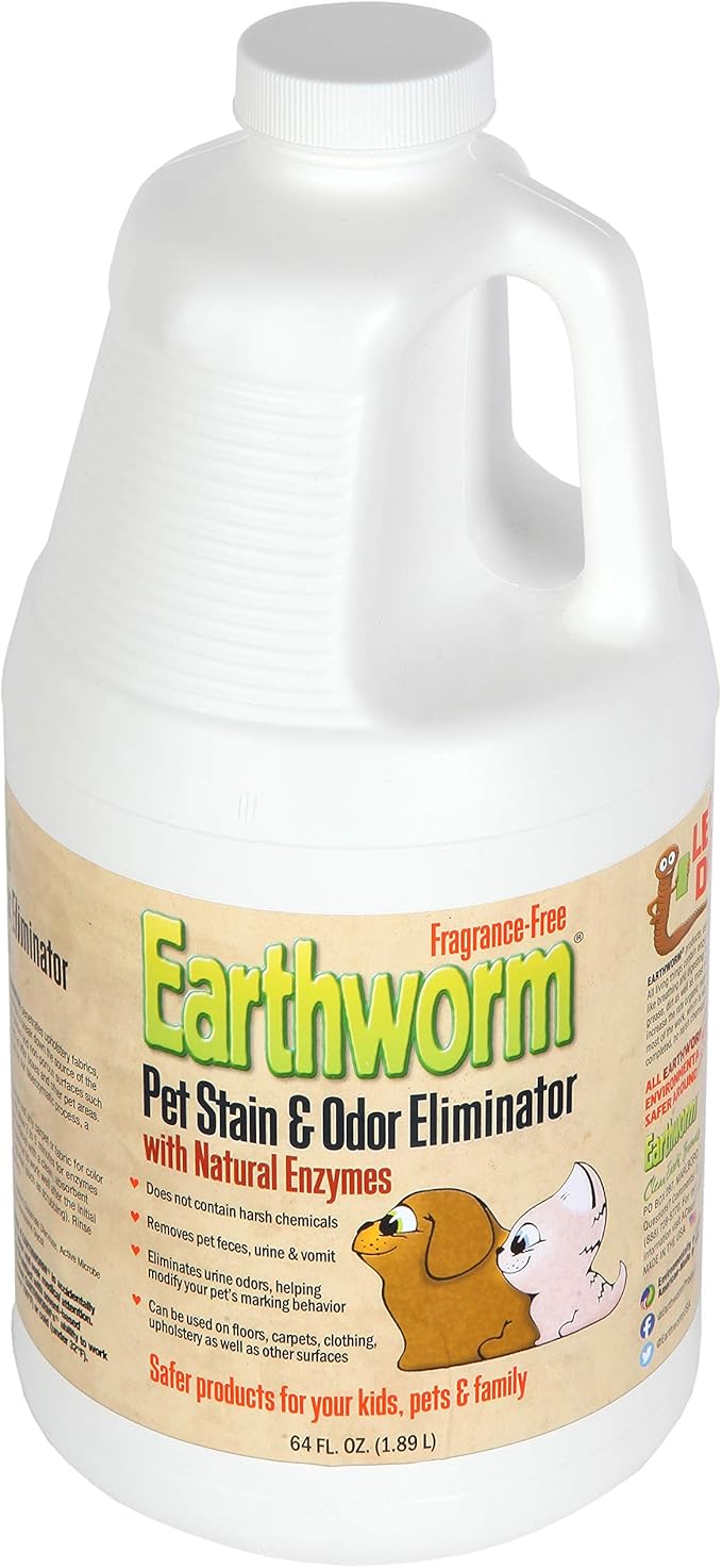Earthworm Pet Stain Remover & Odor Eliminator- Removes Urine Smell with Natural Enzyme Formula, Fragrance Free Spray - 64 oz