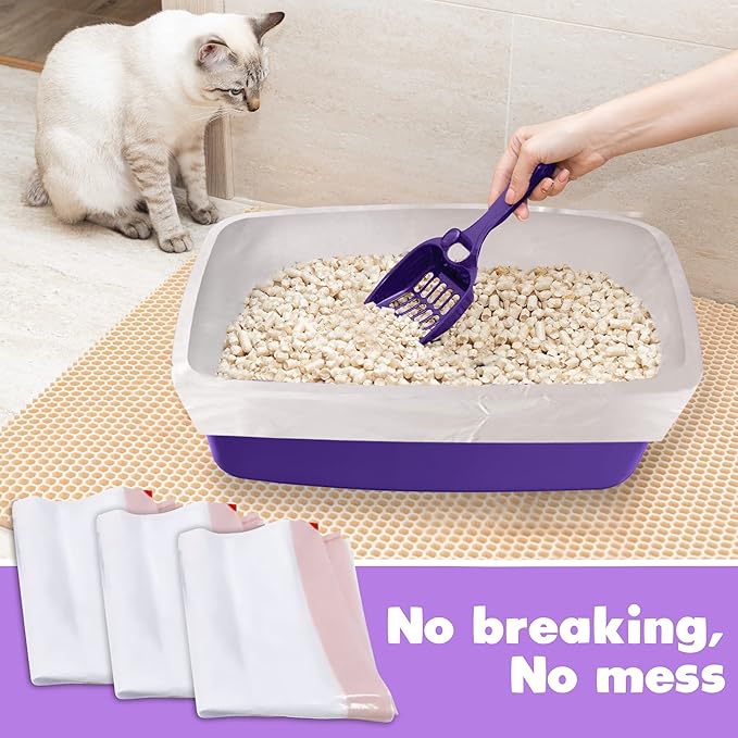 Alfapet Litter Box Liner Flat Bottom Pack of 10 - Super Heavy Duty Kitty cat Litter Bags with Drawstring for Poop and Liquid Waste - Jumbo Design for Extra Large Cat Pans