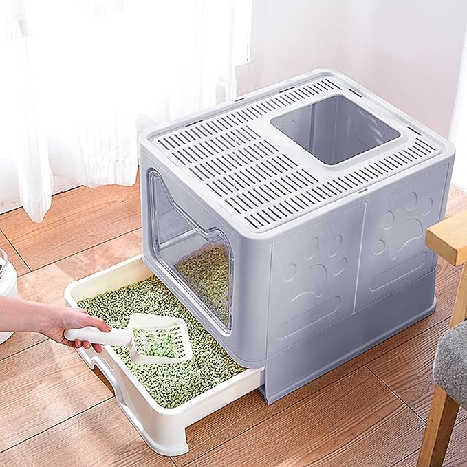 Cat Litter Box with Lid, Top Entry Cat Litter Box Pan, Enclosed Cat Potty, Anti-Splashing Cat Toilet, Foldable Litter Box Large Covered Cat Supplies with Scoop Brush and Garbage Bag