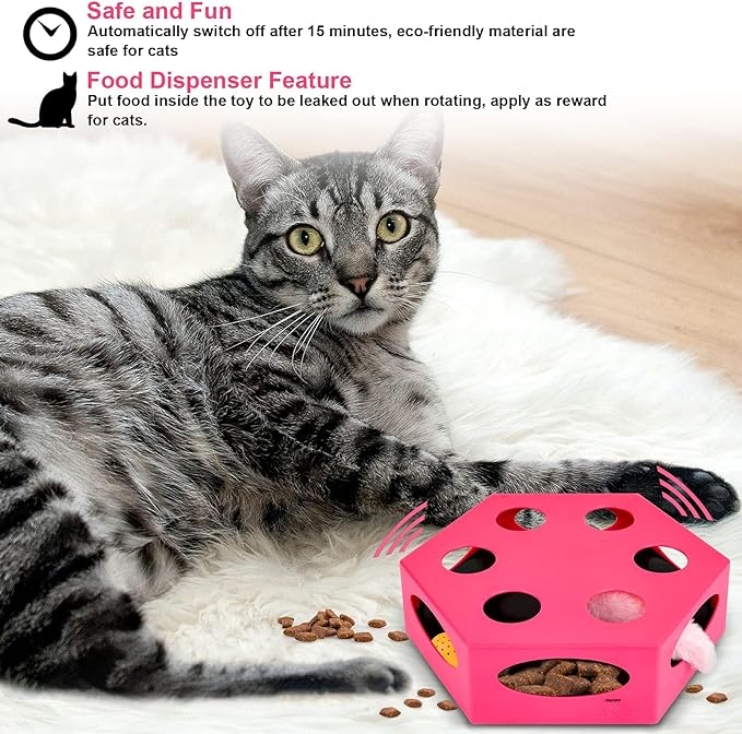 FluffyDream Interactive Cat Maze Box Toy, Electrical Cat Exercise Teaser Toy with Plush Tail & Ball Contains Bells, Fluffy Toys, Toys for Indoor Cats, Pets, Kitten, Kitty, Pink