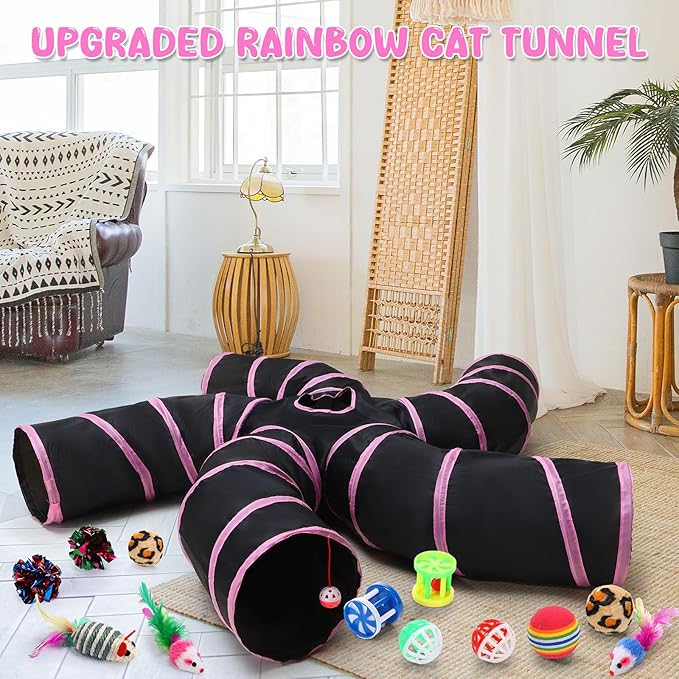 Poen 21 Pcs Cat Tunnel for Indoor Cats Set Collapsible 5 Way Cat Tubes with 20 Pcs Cat Toys Kitten Toys Interactive Cat Feather Toy Mouse Crinkle Balls Cat Tube for Puppy Kitten Rabbit (Pink Black)