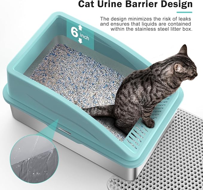 Stainless Steel Cat Litter Box with High Side，XL Extra Large Enclosed Litter Box for Big Cats, Metal Litter Box High Sided, Anti-Urine Leakage, Include Cat Mat and All-Metal Litter Scoop (Turquoise)