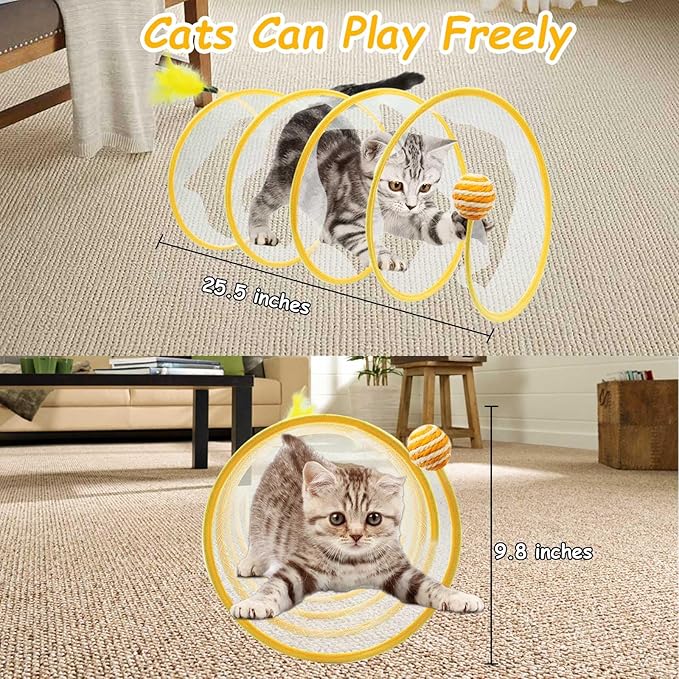 Cat Tunnel, 1PCS Folded Cat Tunnel Toy, Yellow Sisal Hemp Ball Tube Cat Springs for Indoor with Feather, Mouse Toys Interactive Cat Toy Tunnel Self-Happy Cat Toys, S-Type Collapsible Tent