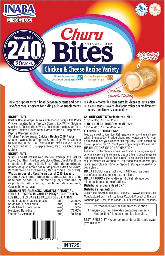INABA Churu Bites Dog Treat, Grain-Free, Baked Chicken Filled with Churu, Chicken Recipe Wraps Chicken Recipe & Cheese Recipe 20 Pack Variety