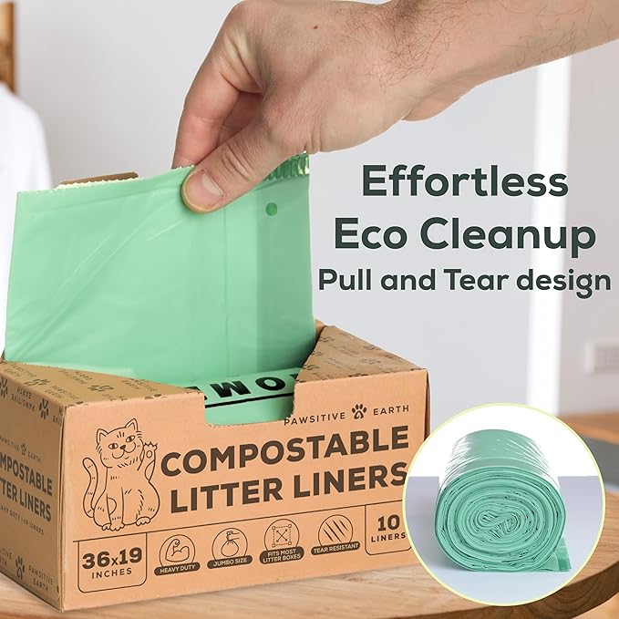 Cat Litter Box Liners 100% Compostable - Drawstring Close - 10 Count - Jumbo Size 36" x 19" - Tear & Leak Resistant - OK Compost Home Certified