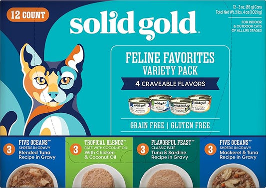 Solid Gold Wet Cat Food Variety Pack - Pate & Shreds in Gravy - Real Chicken, Tuna, Mackerel and Sardine - Canned Cat Food, 12 Pack