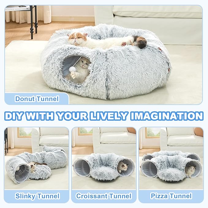 JIUPETY Cat Tunnel Bed with Soft Plush Mat, Collapsible Tube Playground, Cat Toy Tunnel for Indoor Cats, Kitten, Rabbit, Ferret, Fluffy Plush Material, Includes Dangling Balls, Light Grey