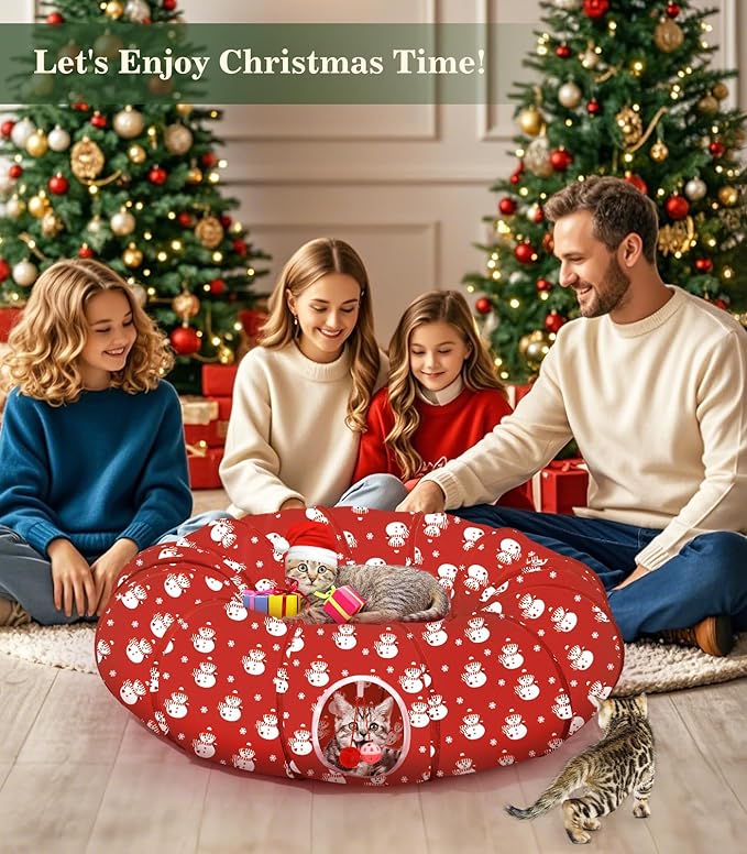 Pawaboo Cat Tunnel Bed Under Christmas Tree, 35.4'' Christmas Cat Toy Circle Tunnel with Toy Ball, Decorative Christmas Festive Foldable Kitty Tube Tunnel for Cat Small Animal (Red Snowman)