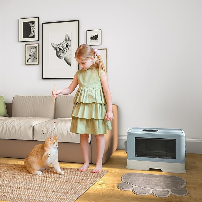 YITAHOME Large Enclosed Cat Litter Box with Lid Cover, Hooded Odorless Cat Toilet with Litter Scoop Cat Self Groomer Deodorizer Filter Front Entry Top Exit Door, Easy to Install and Clean (Blue)