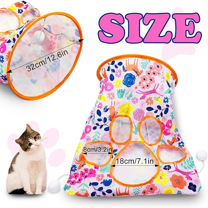 Andiker Cat Tunnel Bags for Indoor Cats, 13x17x12In Foldable Cat Crinkle Bag with 3 White Plush Balls and 1 Mouse 5 Holes for Kitten to Hide and Catch 3 Layers Cat Toy (Zoo)