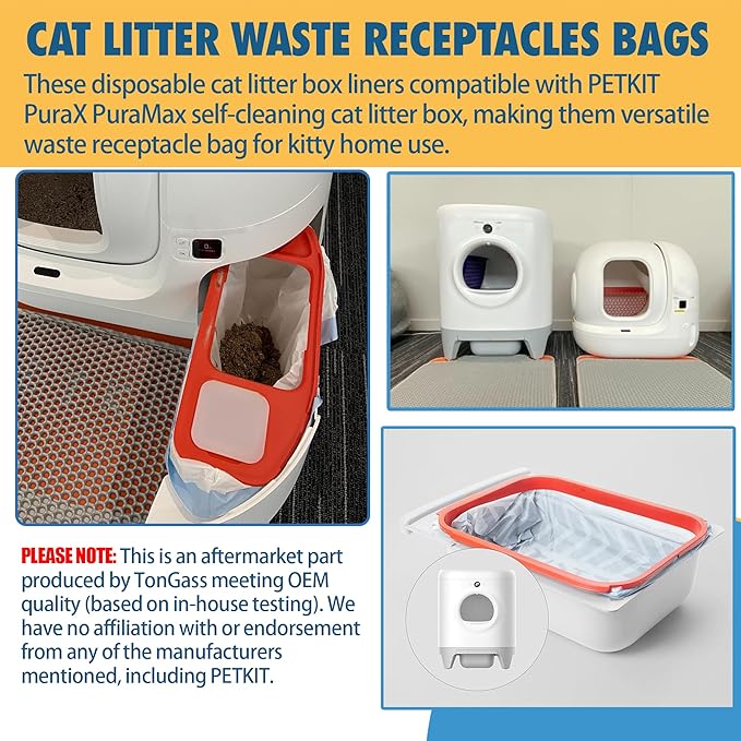 TonGass (6 Rolls, 120-Pack, 21.45" x 11.7") Drawstring Litter Liner Bags Disposable Portable Cat Litter Waste Receptacles Bags Compatible with PETKIT PuraX PuraMax Self-Cleaning Cat Litter Box