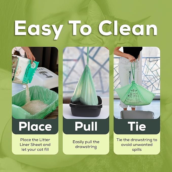 Cat Litter Box Liners 100% Compostable - Drawstring Close - 12 Count - Jumbo Size 36" x 19" - Tear & Leak Resistant - OK Compost Home Certified