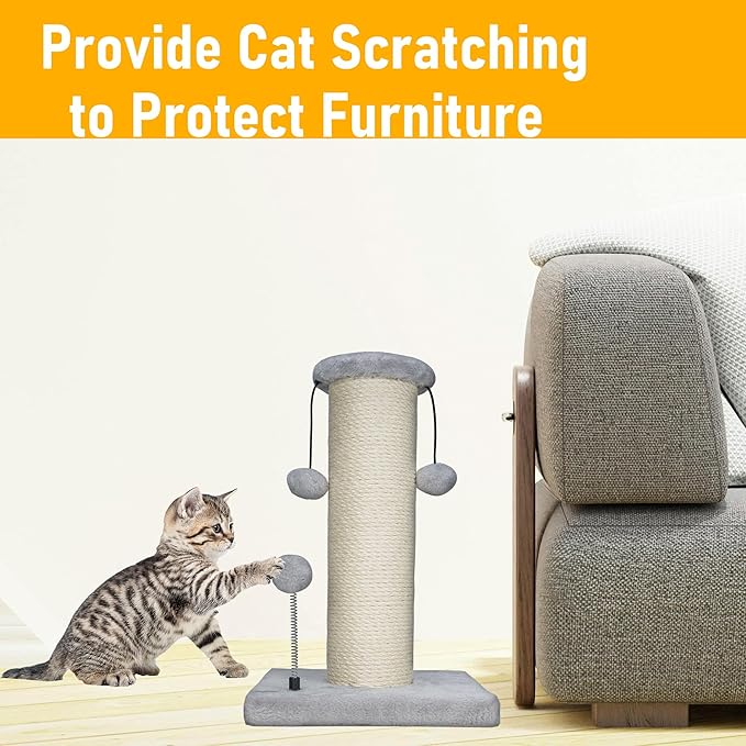 Dimaka Large Heavy Cat Scratching Post for Cats with 6" Wide Elevated Top Stand, Cat Tree Scratcher, 4.5" Dia. Big Sisal Rope Pole with 3 Teasing Balls, Extra Heavy Thick Stable Base (Grey)