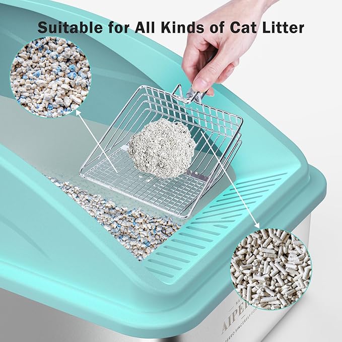 Stainless Steel Cat Litter Box with High Side，XL Extra Large Enclosed Litter Box for Big Cats, Metal Litter Box High Sided, Anti-Urine Leakage, Include Cat Mat and All-Metal Litter Scoop (Turquoise)