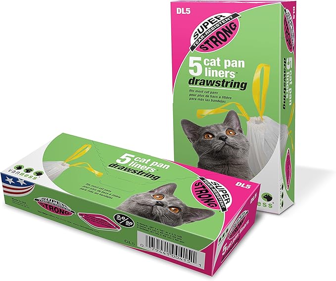 Van Ness Pets Litter Box Liners: Super Strong, Heavy Duty, Tear Resistant Cat Litter Bags, Drawstring Close, Jumbo, 5 Count, 36” x 18”, Style DL5