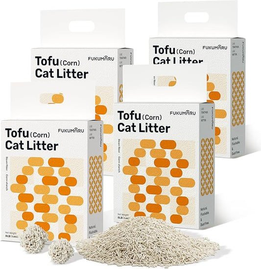 FUKUMARU Tofu Cat Litter Clumping, Low dust Cat Litter, 100% Natural Ingredients Litter, Flushable, Ultra Absorbent, Lightweight, Low Tracking Cat Litter Unscented, Odor Control (8lb x 4 Bags)
