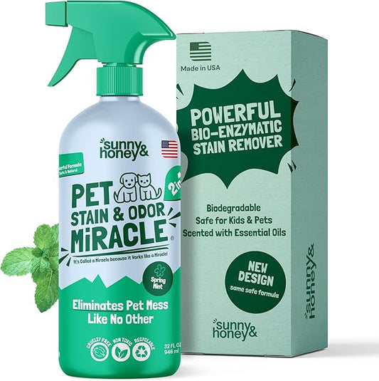 Sunny & Honey Pet Stain & Odor Miracle - Enzyme Cleaner for Dog Urine and Cat Pee - Pet Stain & Pet Odor Eliminator for Carpet, Mattress & Furniture - 32 fl oz Miracle Pet Stain and Odor Remover Spray