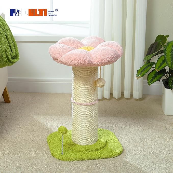 PEQULTI Flower Cat Scratching Post, Small Cat Tree, Tall Cat Scratcher for Indoor Cats with Super Thick Scratching Post [Dia=5.5''], Removable Flower Cat Bed, Cat Scratch Post with Spring Ball, Pink