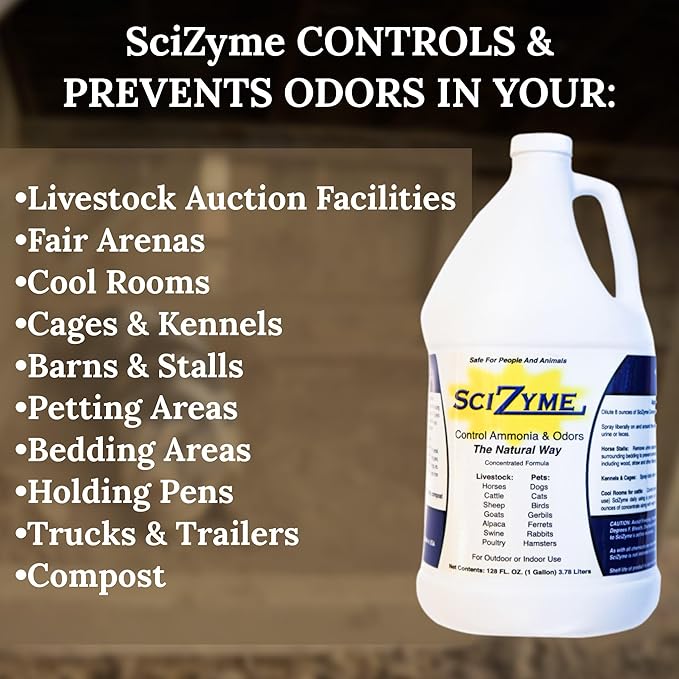SciZyme - Enzyme Based Eliminator & Control Odors & Ammonia in Cooler Rooms, Barns, Trailers, Kennels, Etc. (Makes 16 Gallons)