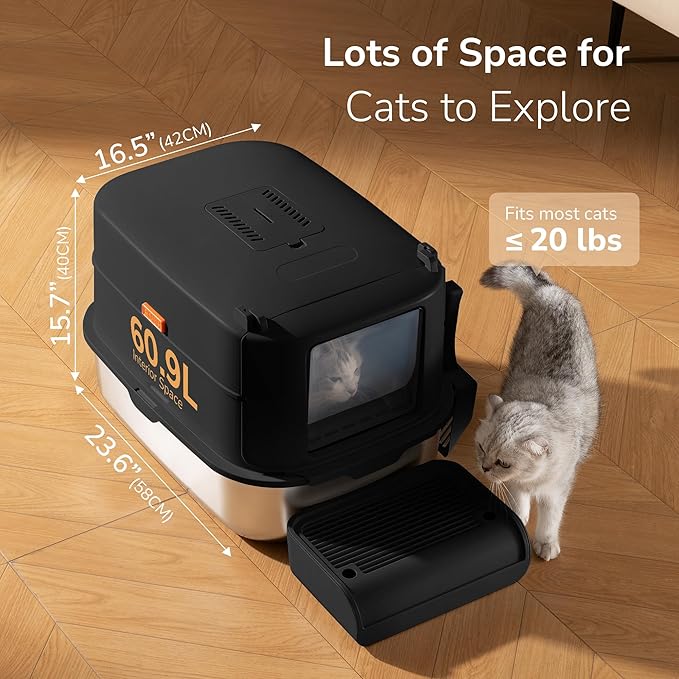 Stainless Steel Litter Box with Lid – XL Removable Covered Cat Litter Box with Door Flap,Extra Large Enclosed Metal Litter Box with High Sides,Litter Scoop – Durable & Easy to Clean,Black