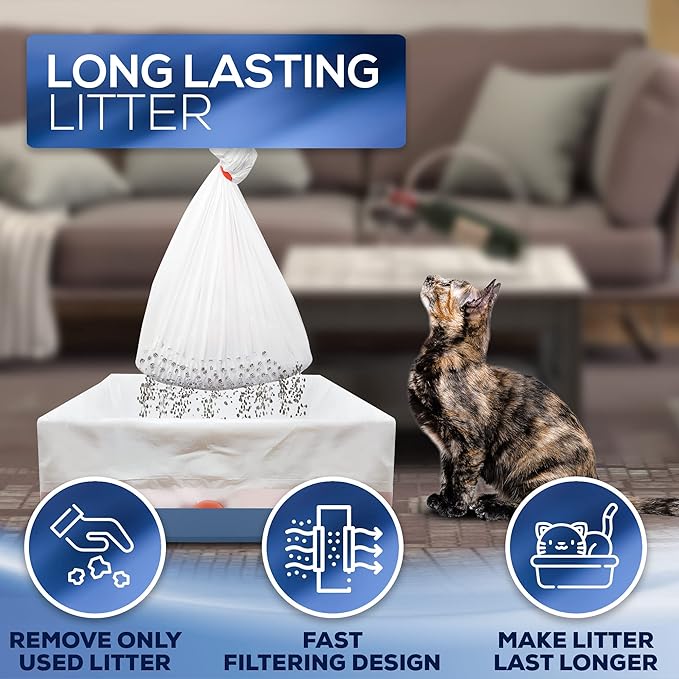 Self Sifting Kitty Litter Box Liners, Set of 7 - Flat Base Disposable Cat Waste Tray Bags for Pet Poop - XL Design for Large Trays - With Inbuilt Drawstring Handles - Liner Fits the Corner of the Pan