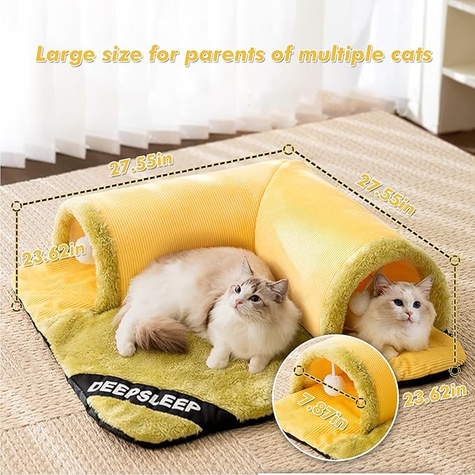 Cat Tunnel Bed for Indoor Cats, 2in1 Cat Bed and Tunnel Cat Toys,27.55IN Large Size Cat Carpet Tunnel Suitable for All Seasons, Detachable, Washable for Cats and Small Pets&Yellow