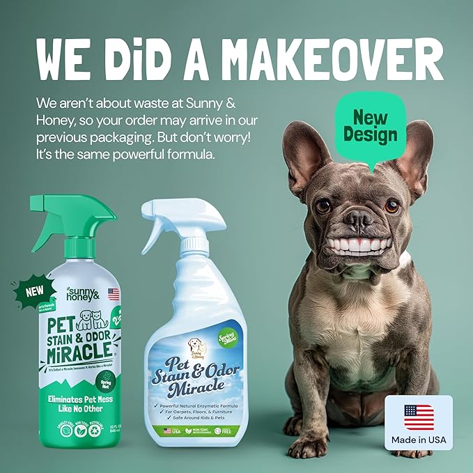 Sunny & Honey Pet Stain & Odor Miracle - Enzyme Cleaner for Dog Urine and Cat Pee - Pet Stain & Pet Odor Eliminator for Carpet, Mattress & Furniture - 32 fl oz Miracle Pet Stain and Odor Remover Spray
