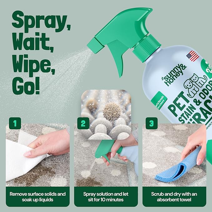 Sunny & Honey Pet Stain & Odor Miracle - Enzyme Cleaner for Dog Urine and Cat Pee - Pet Stain & Pet Odor Eliminator for Carpet, Mattress & Furniture - 32 fl oz Miracle Pet Stain and Odor Remover Spray