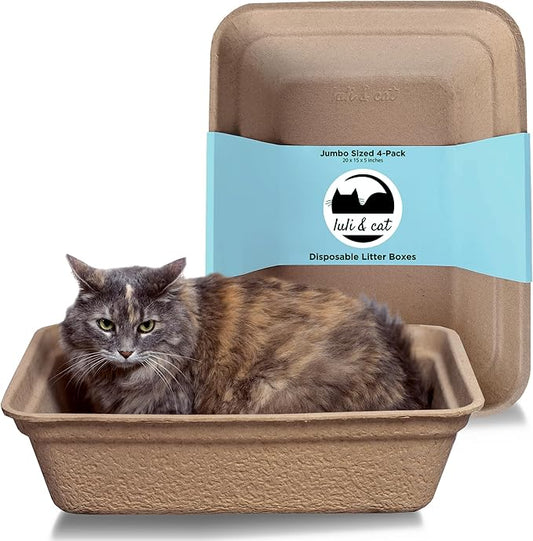 Luli & Cat Disposable Litter Boxes for Cats | Jumbo Sized 4-Pack | Durable and Water Resistant