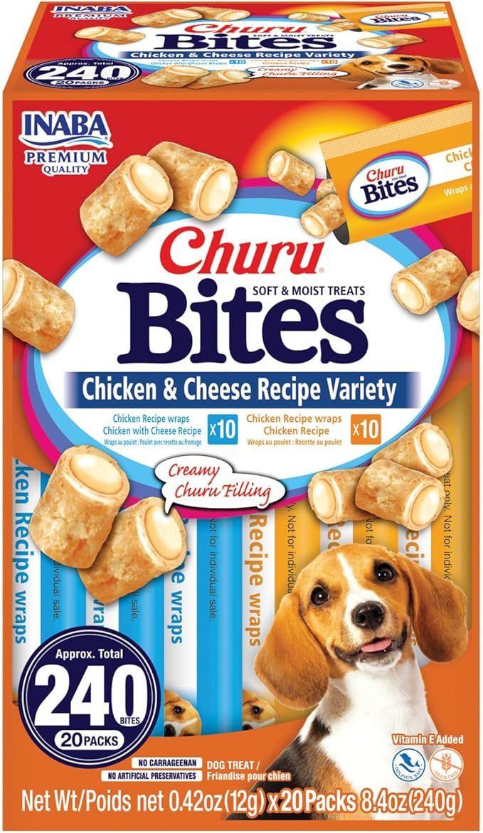 INABA Churu Bites Dog Treat, Grain-Free, Baked Chicken Filled with Churu, Chicken Recipe Wraps Chicken Recipe & Cheese Recipe 20 Pack Variety