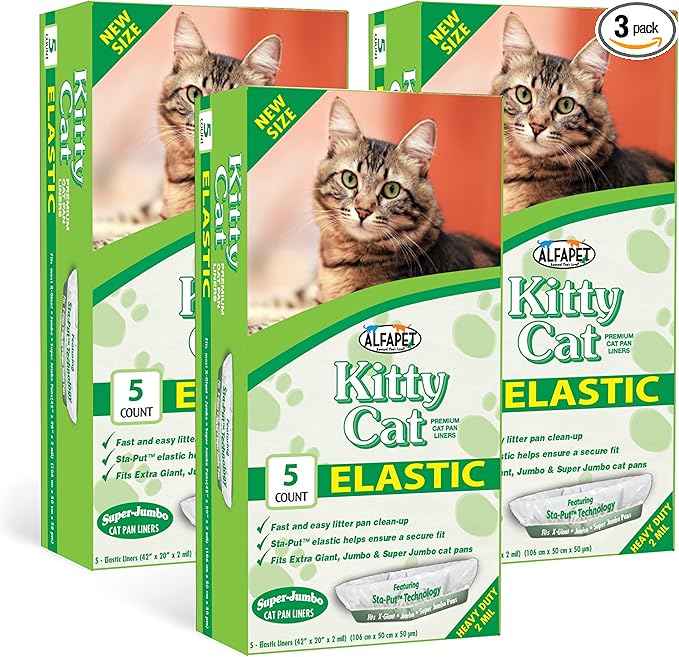 Alfapet Kitty Cat Pan Disposable, Elastic Liners bags 15-Pack + 3 Solid Transfer Liner -For Large, X-Large, Giant, Extra-Giant Size Litter Boxes- With Easy Fit Sta-Put Technology (15 Count)