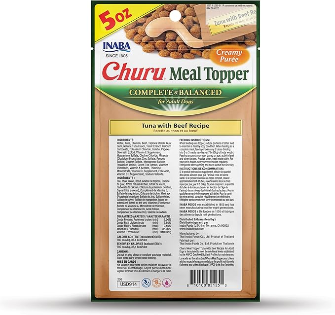 INABA Churu Meal Topper for Dogs, Complete & Balanced, Creamy, Lickable Purée Dog Food Toppers, 1.69 Ounce Tube, 9 Tubes (3 per Pack), Tuna with Beef Recipe