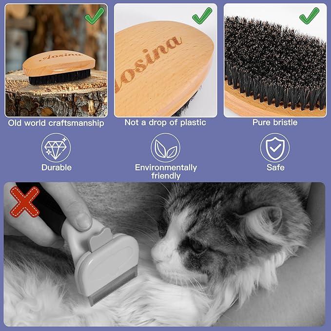 Ultimate Cat Brush for Shedding Control- Professional Cat Grooming Brush with Soft Boar Bristles - Cat Brushes for Indoor Cats- Promotes Healthy Coat and Relaxing Massages
