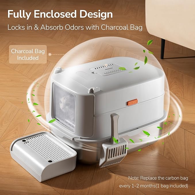 Stainless Steel Litter Box with Lid – XL Removable Covered Cat Litter Box with Door Flap,Extra Large Enclosed Metal Litter Box with High Sides,Litter Scoop – Durable & Easy to Clean,LightGrey