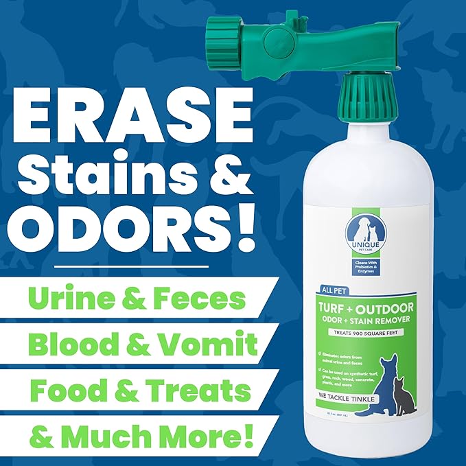 Unique Turf & Outdoor Odor and Stain Remover with Hose-Connector Bottle, Outdoor Pet Odor Eliminator, Removes Animal Odors and Stains from Yard, Grass, Other Outdoor Spaces, 30 oz. Liquid Concentrate