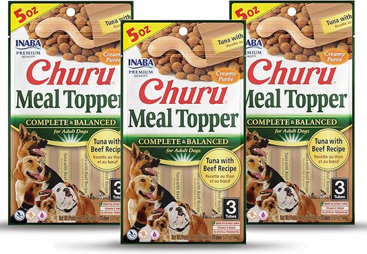 INABA Churu Meal Topper for Dogs, Complete & Balanced, Creamy, Lickable Purée Dog Food Toppers, 1.69 Ounce Tube, 9 Tubes (3 per Pack), Tuna with Beef Recipe