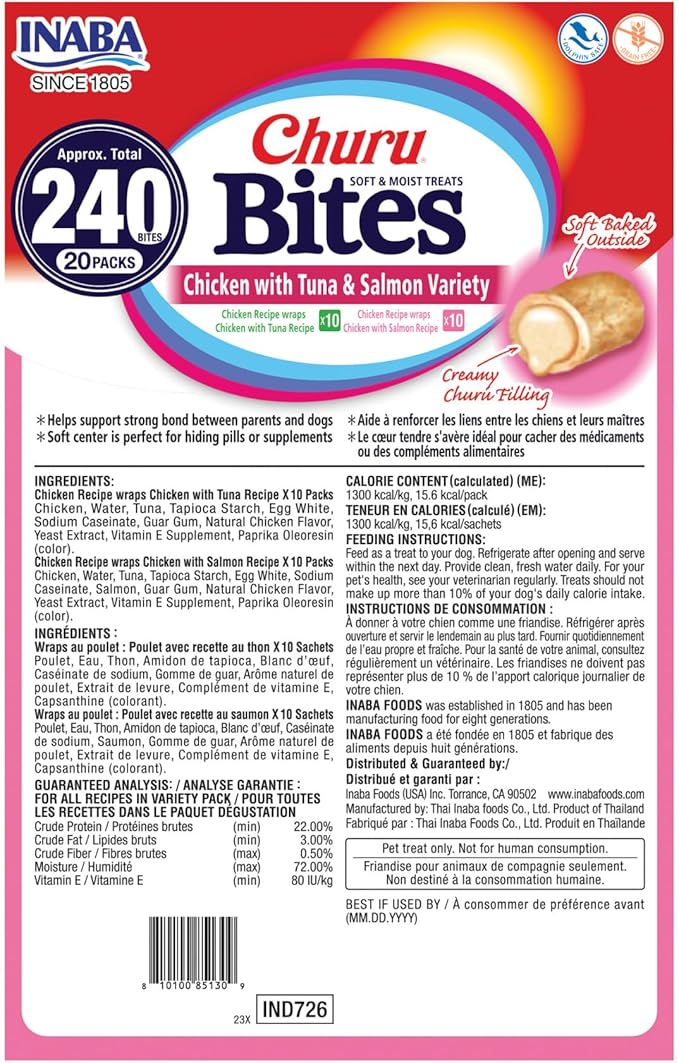 INABA Churu Bites Dog Treat, Grain-Free, Baked Chicken Filled with Churu, Chicken Recipe Wraps Tuna Recipe & Salmon Recipe 20 Pack Variety