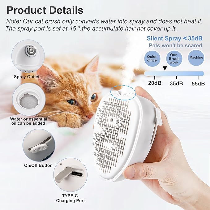 Cat Steam Brush for Shedding,Self Cleaning Cat Brush with Steam,Rechargeable Pet Steam Brush,Mist Brush Comb for Indoor Cats,Cat Hair Brush,Steamy Cat Brush for Short&Long Haired Pets.(White)