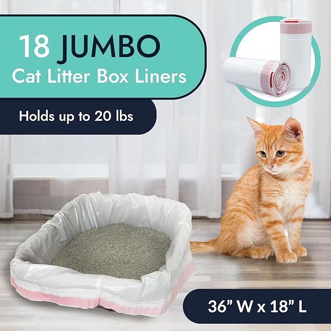 Reli. Cat Litter Box Liners (18 Count), Jumbo | Drawstring Litter Box Liner | Heavy Duty for Cat Pan, Pet Waste | Kitty Poop Bags, Drawstring Handles (White)