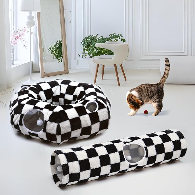 Luxurious Cat Tunnel,43" Straight Cat Tunnel Bed with Balls,Cat Toys for Indoor Cats,Collapsible Peekaboo Cat Cave for Kitten Toys（White and Black）