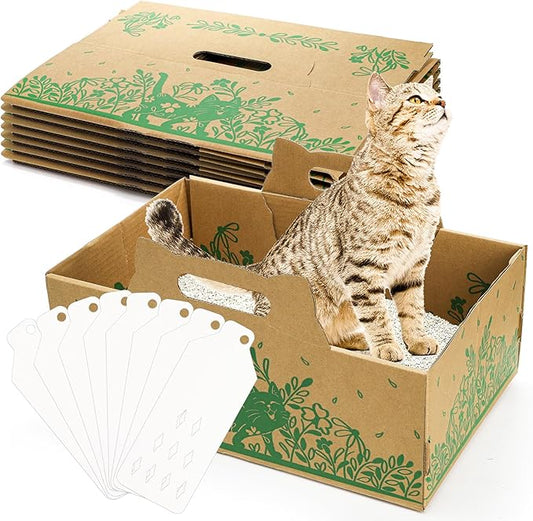 WUWEOT 8 Pack Disposable Cat Litter Boxes, Leakproof Double Layer Cardboard Cat Litter Pan, Foldable Portable Small Pet Liner Tray with Scoop for Travel, 15.8 x 11.7 x 5.8 Inch