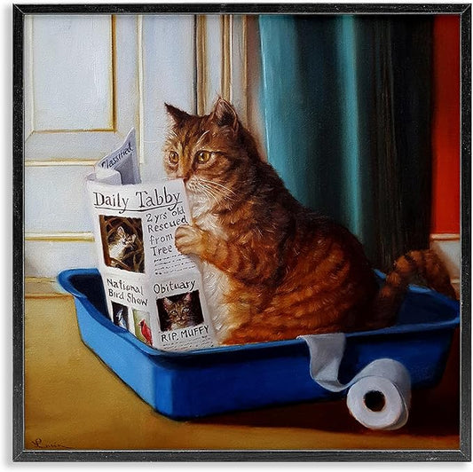 Stupell Industries Litter Box Reading Funny Cat Pet Painting, Design By Lucia Heffernan, Black Framed Wall Art, 17 x 17