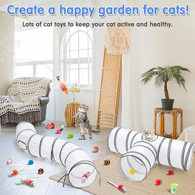 Wettarn 22 Pieces Cat Toys Set, with 2 Collapsible Cat Tunnels for Indoor Cats and 20 Kitten Toys Cat Tubes and Tunnels Interactive Cat Feather Toy Mouse Crinkle Balls for Cats Puppies (White)