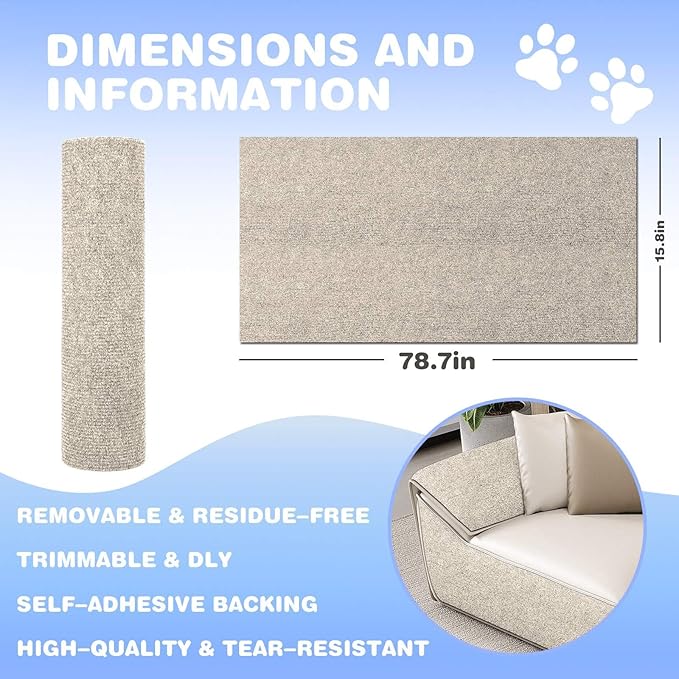 Cat Scratching Mat 78.7"x15.8" Self-Adhesive Cat Furniture Protector, Climbing Cat Scratch Pad for Cat Tree, Sofa, Wall, and Furniture DIY Protection(Cream White)