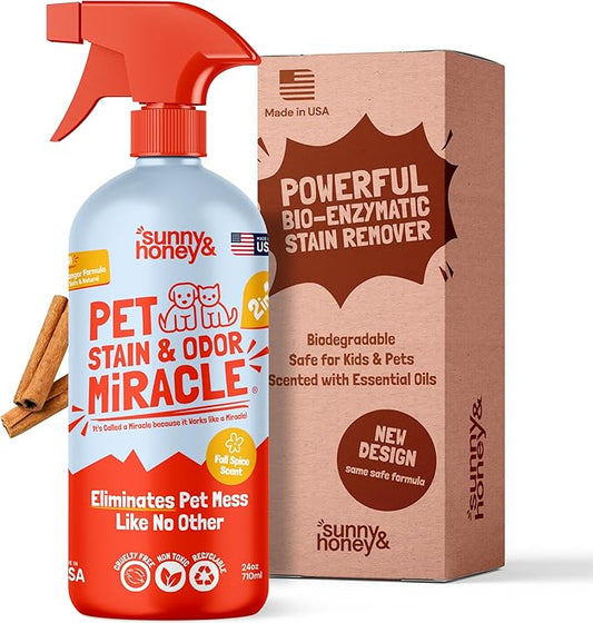 Sunny & Honey Pet Stain & Odor Miracle – Enzyme Cleaner for Dog and Cat Urine, Feces, Vomit, Drool – Fall Spice Scent Carpet Stain Remover – 32 fl oz