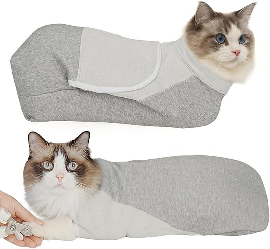 Self-Adhesive Cat Grooming Wrap, Cozy Cat Wrap for Cutting Nails, Breathable Anti-Scratch Cat Swaddle Bag for Brushing, Ear Cleaning, Medication, Injections,Grey L