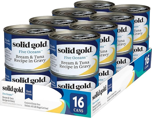 Solid Gold Wet Cat Food Shreds in Gravy - Canned Cat Food Made w/Real Tuna & Sea Bream - Five Oceans Grain Free 16ct/6oz Can